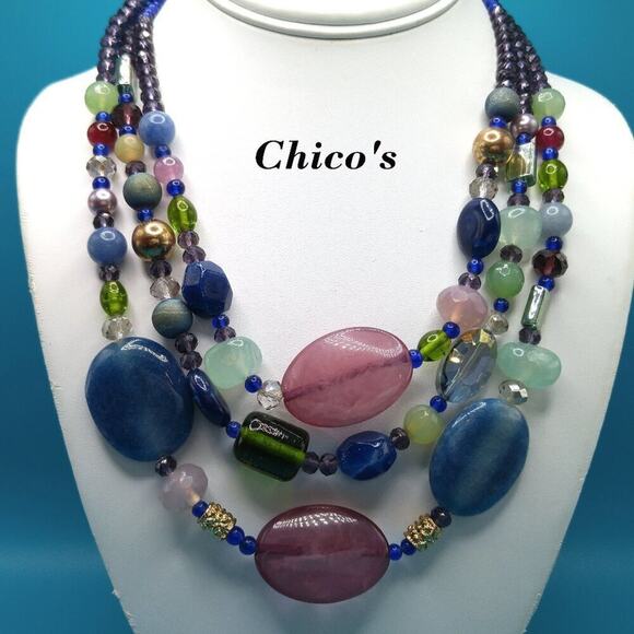 Chico’s Three Strand Gemstone Glass Beaded Necklace Blue Green Purple 22” - Picture 1 of 10